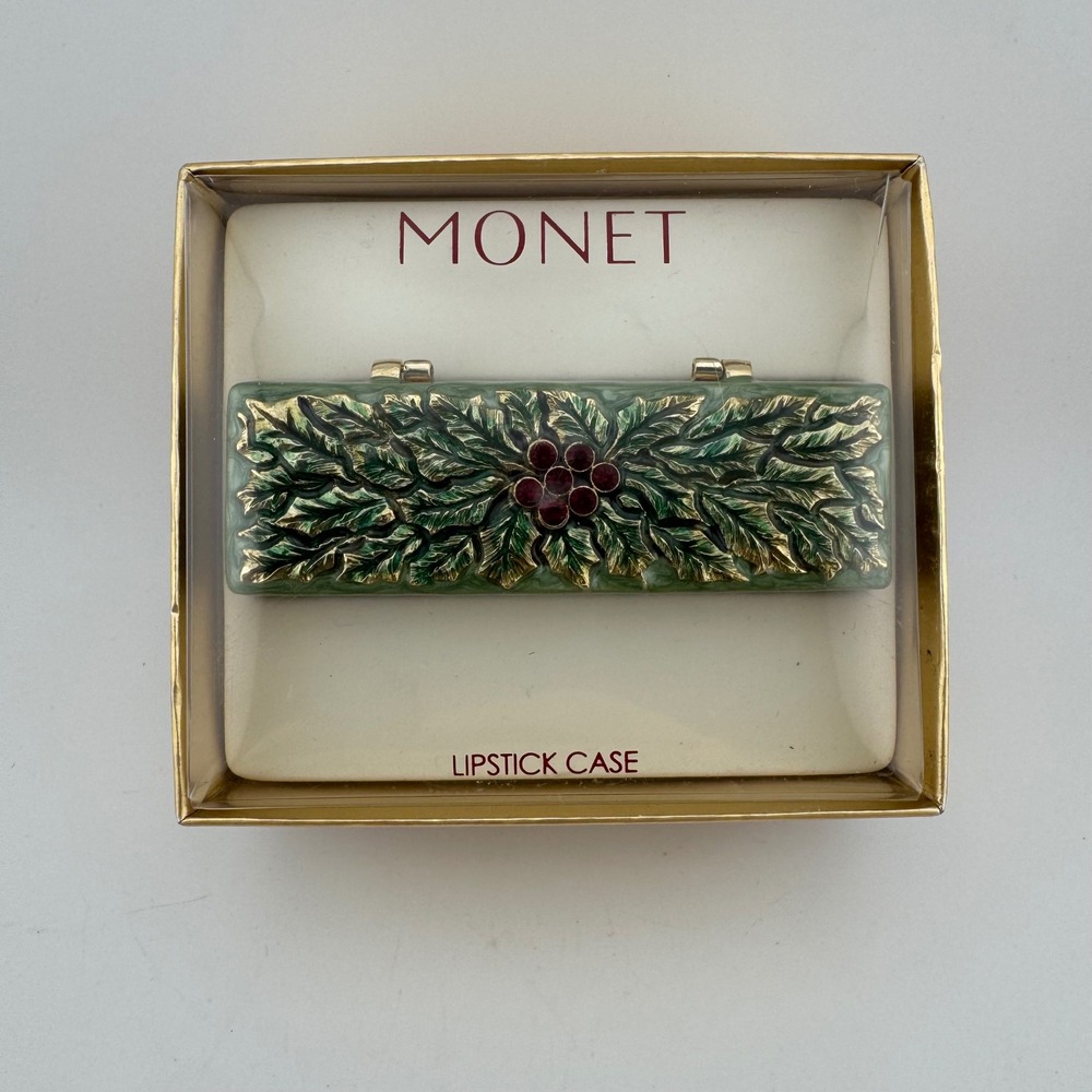 Monet Lipstick Case Green New Holly Berries Enamel Vintage MNRUK258